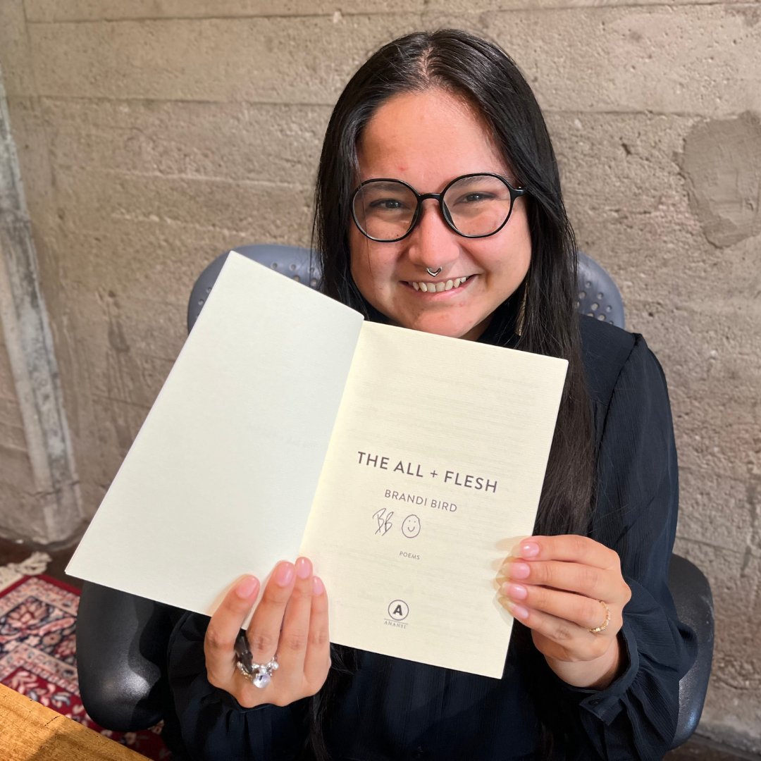 It's #PoetryFriday, the perfect time to celebrate this news: THE ALL + FLESH by @brandibird_ is a finalist for the 2024 Indigenous Voices Award for Poetry in English! 🎉💛