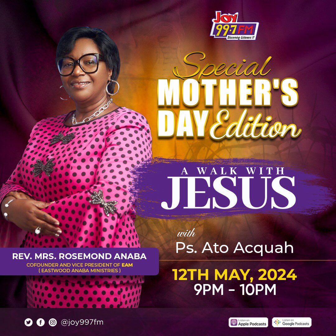 A rare and priceless opportunity to get into the life of Rev. Mrs. Rosemond Anaba, Co-founder and Vice President of EAM( Eastwood Anaba Ministries ) Don't miss #AWalkWithJesus on Sunday, 12th May, 2024 @ 9pm prompt !!! We celebrate all the super mums out there 👌🏾