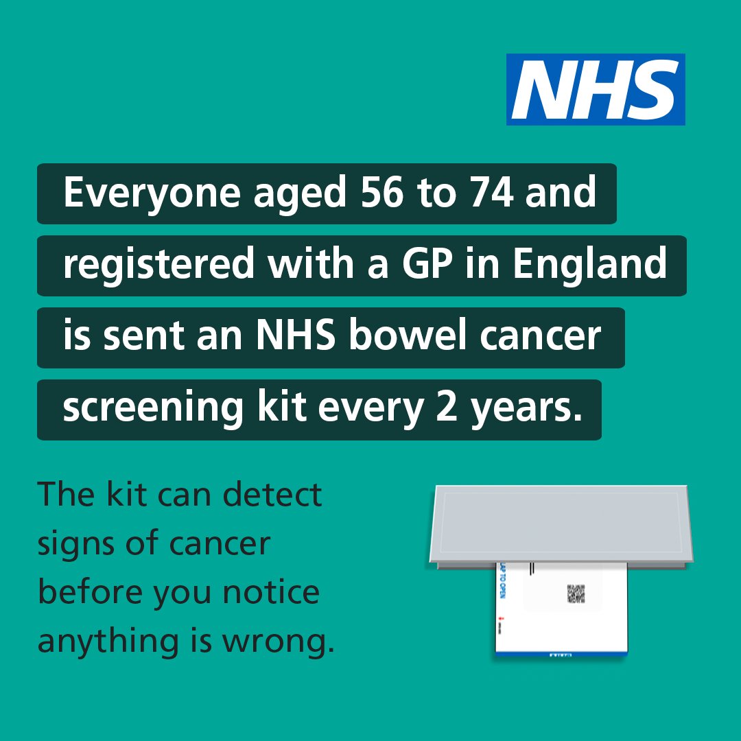 It's #BowelCancerAwarenessMonth Aged 56-64 and registered with a GP in England? The NHS will send you a #BowelCancer testing kit. Catching bowel cancer early reduces your chances of getting seriously ill or dying. So put it by the loo. Don’t put it off. nhs.uk/bowel