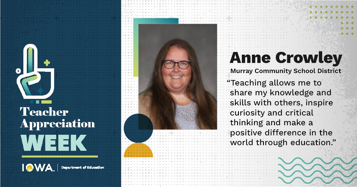 For Teacher Appreciation Week, let’s meet Anne Crowley, health science teacher at Murray Community Schools. She believes in the power of education to transform lives and empower individuals to reach their full potential and finds joy in building relationships, helping students