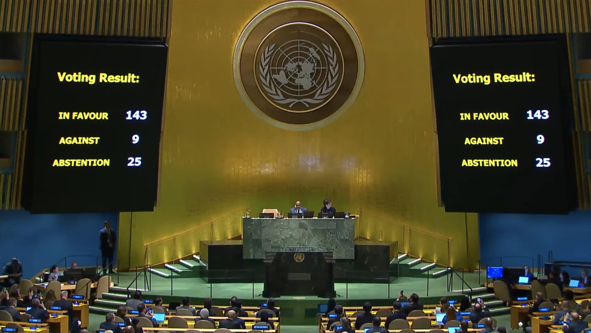 UN_News_Centre's tweet photo. #BREAKING
UN General Assembly ADOPTS resolution, recommending Security Council reconsider the matter of Palestine’s membership favourably; changing modalities for its participation in meetings

RESULT:
IN FAVOR: 143
AGAINST: 9
ABSTAIN: 25

Full story ⤵️
https://t.co/9COW72erJb https://t.co/YsBWj6ac2f