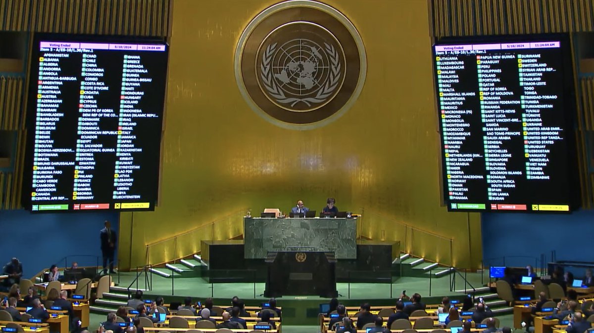 #BREAKING UN General Assembly ADOPTS resolution, recommending Security Council reconsider the matter of Palestine’s membership favourably; changing modalities for its participation in meetings RESULT: IN FAVOR: 143 AGAINST: 9 ABSTAIN: 25 Full story ⤵️ news.un.org/en/story/2024/…