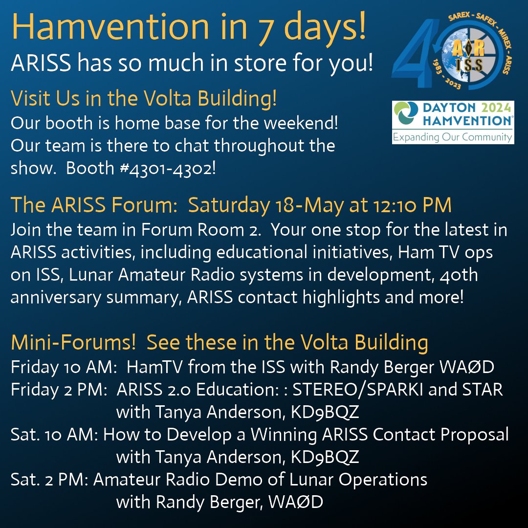 We're excited that the international #HamRadio community is gathering again at Dayton @hamvention next week! Add the ARISS forum and Mini-Forums to your schedule before you leave so you don't miss a thing!