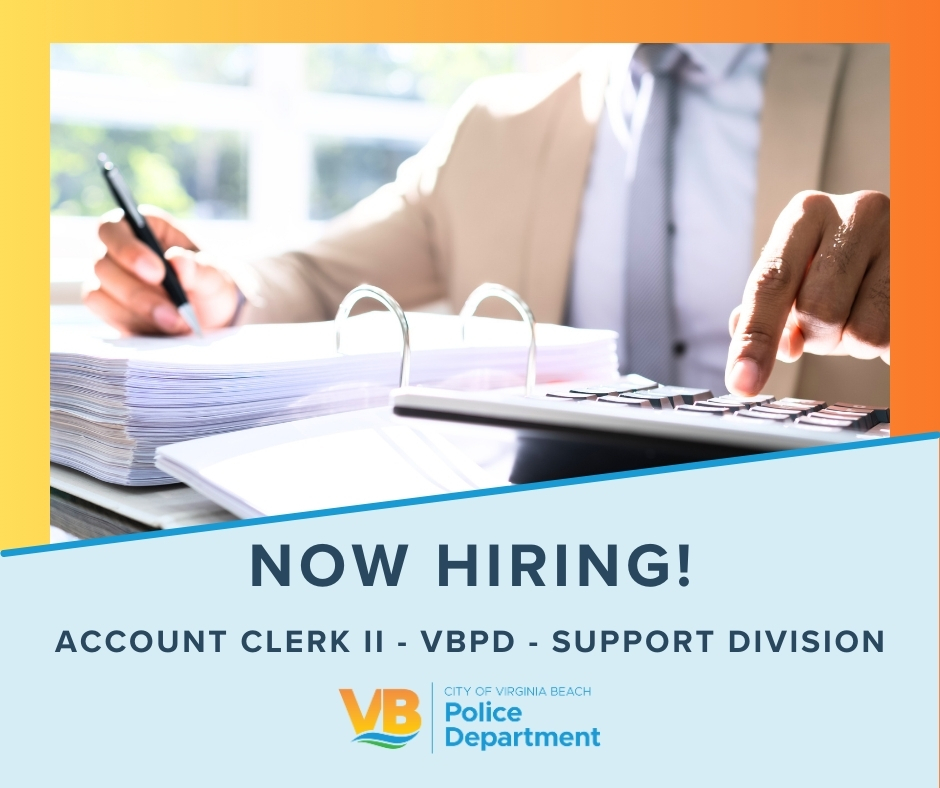 The #VBPD is actively recruiting for an Account Clerk II for Police Payroll. Interested candidates should apply by midnight, May 15th, 2024 via: phg.tbe.taleo.net/phg02/ats/care…

#NowHiring #GovJobs #JoinUs #VB #VirginiaBeach #HamptonRoads #VBJobs #Virginia #ApplyToday