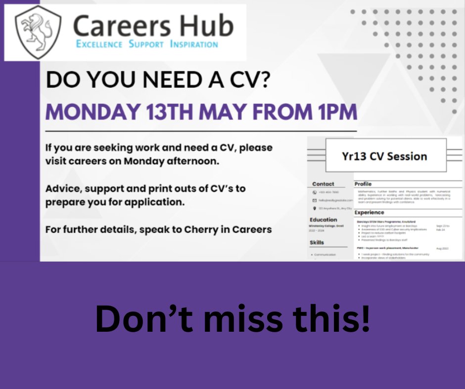 📣Calling all our upper sixth students If you would like support perfecting and printing your CV please utilise our drop in session on Monday from 1pm - 👉speak to Cherry in our Careers Hub for more information. #excellence #support #inspiration #careers