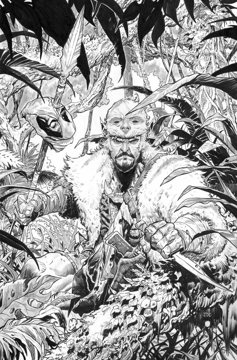 Kraven wearing Beast’s skin and other trophies. Inks for the cover to X-FORCE #31 (2022).