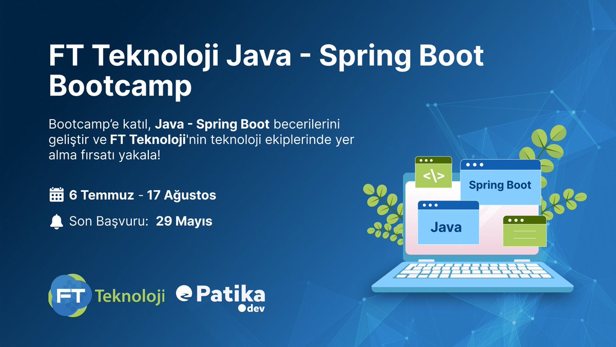 FT Teknoloji iş birliği ile Java Spring Boot Bootcamp başlıyor! ✨ 🔗patika.dev/bootcamp/ft-te… Sen de bu ücretsiz programa katılarak yazılım kariyerine FT Teknoloji ekibinde başlamak istiyorsan şimdi başvur, bu fırsatı kaçırma! 🚀