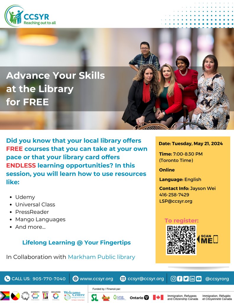 Did you know you can access several learning resources and sign up for many on-demand courses using your library card? Sign up today at tinyurl.com/muce9ap6 for a free digital session on May 21 to learn more. #ccsyr #yorkregion #librarysettlementservice #digitalprogram