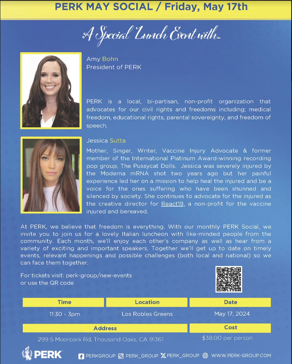 PERK is excited to announce that @JSutta mother, singer, writer and vaccine injured advocate will be speaking at our May 17th Social, we are so honored to have her as our guest. Please use QR code to get your tickets today or go to perk-group.com/new-events
