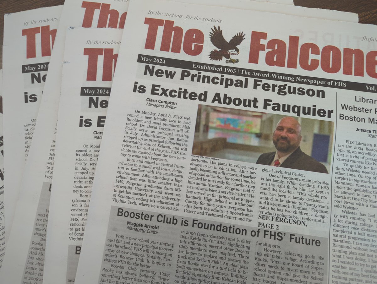 Newspapers are HERE!!!!! They're being distributed now to third block/AE teachers, or you can also pick one up in the main office, library, or guidance office. Not at school? Read the newspaper online at fhsfalconer.com/newspapers.