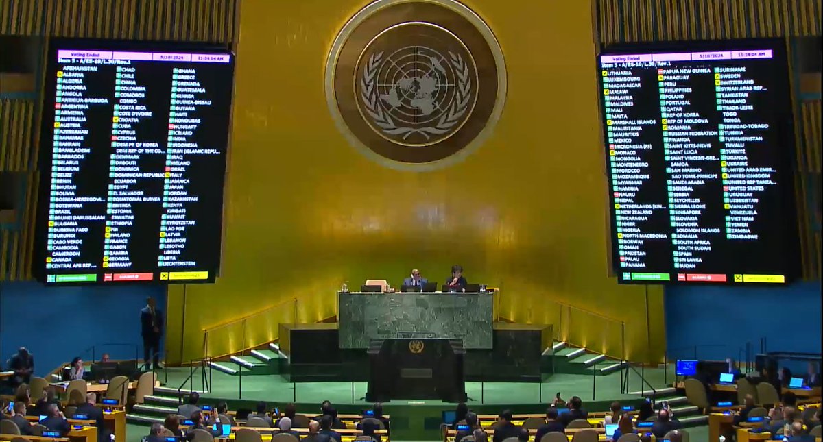 🔴 URGENTE. La Asamblea General adopta una resolución que otorga a #Palestina más derechos de participación en la ONU y pide al Consejo de Seguridad que reconsidere su membresía plena A favor: 143 En contra: 9 Abstenciones: 25