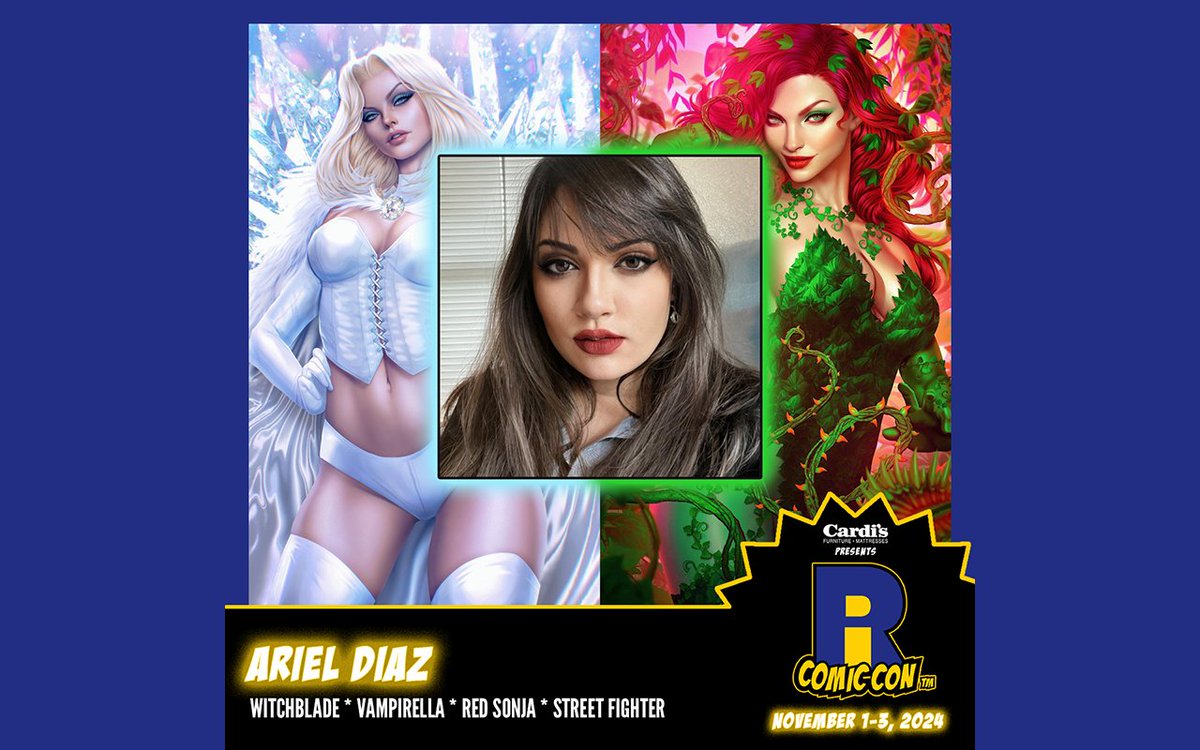 Please welcome @Arieldiazart to #RICC2024! Ariel Diaz’s variant cover art has appeared in various publications including #Witchblade, Street Fighter, G.I.Joe, Miss Meow, #Vampirella, Red Sonja, Zombie Tramp, and more. Buy tickets now to meet her!