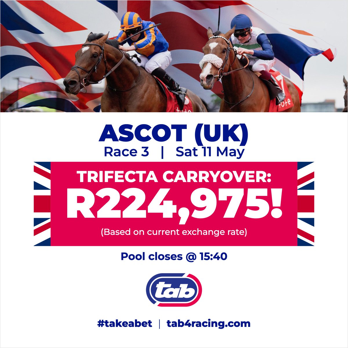 🏇🔥 Exciting news from Ascot UK! Race 3 features a trifecta carryover of R224,975! 🏆💰 This pool closes at 15:40 on Saturday – don't miss your chance to win big! 🕒💸 #AscotUK #HorseRacing #Trifecta #Carryover