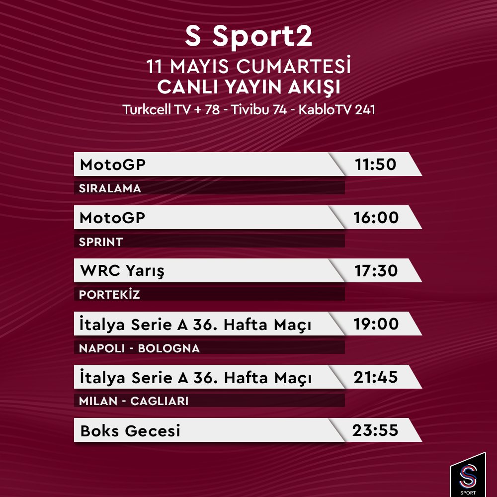 📺 S Sport ve S Sport2'nin 11 Mayıs Cumartesi günkü canlı yayın akışı! 👇👀