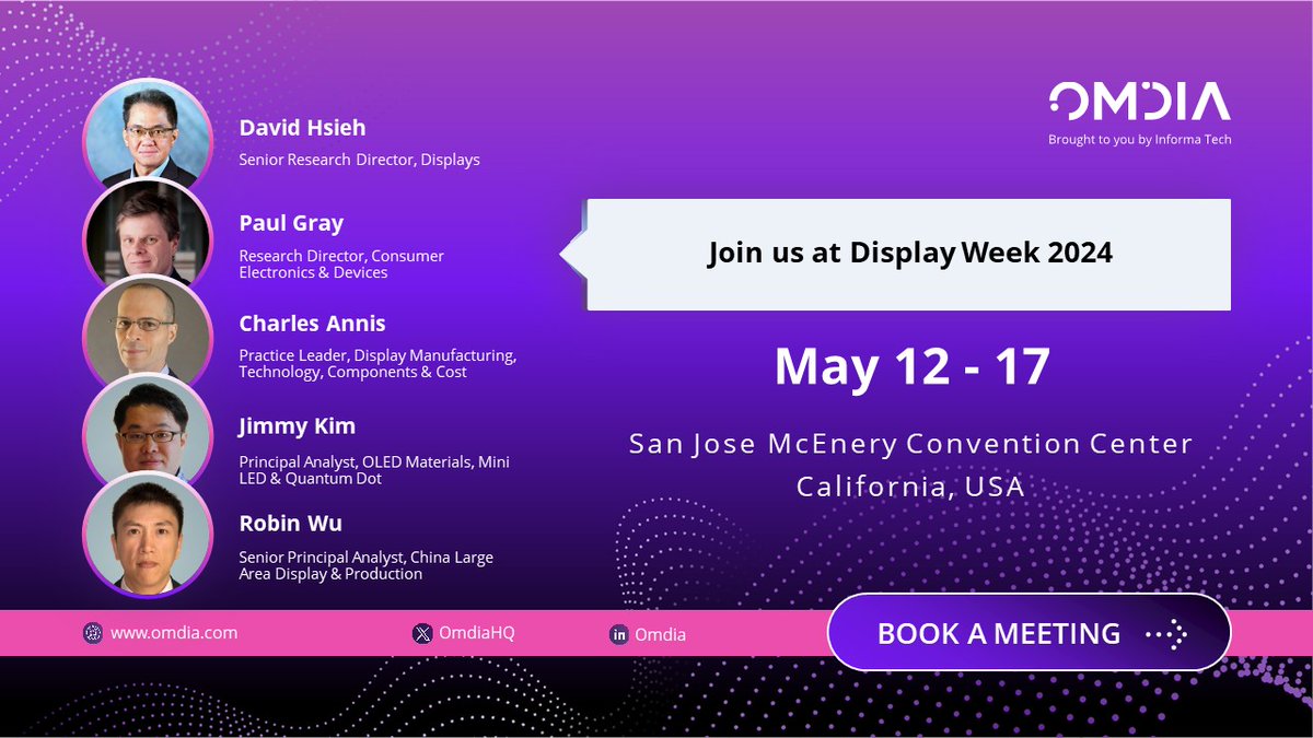 Join #Omdia at @DisplayWeek 2024 in #SanJose from May 12-17 for exclusive insights into the latest #display innovations. Meet our experts on-site to discuss the trends and technologies shaping the future of displays and #electronics. Book a meeting today: pages.intelligence.informa.com/Book-an-Analys…