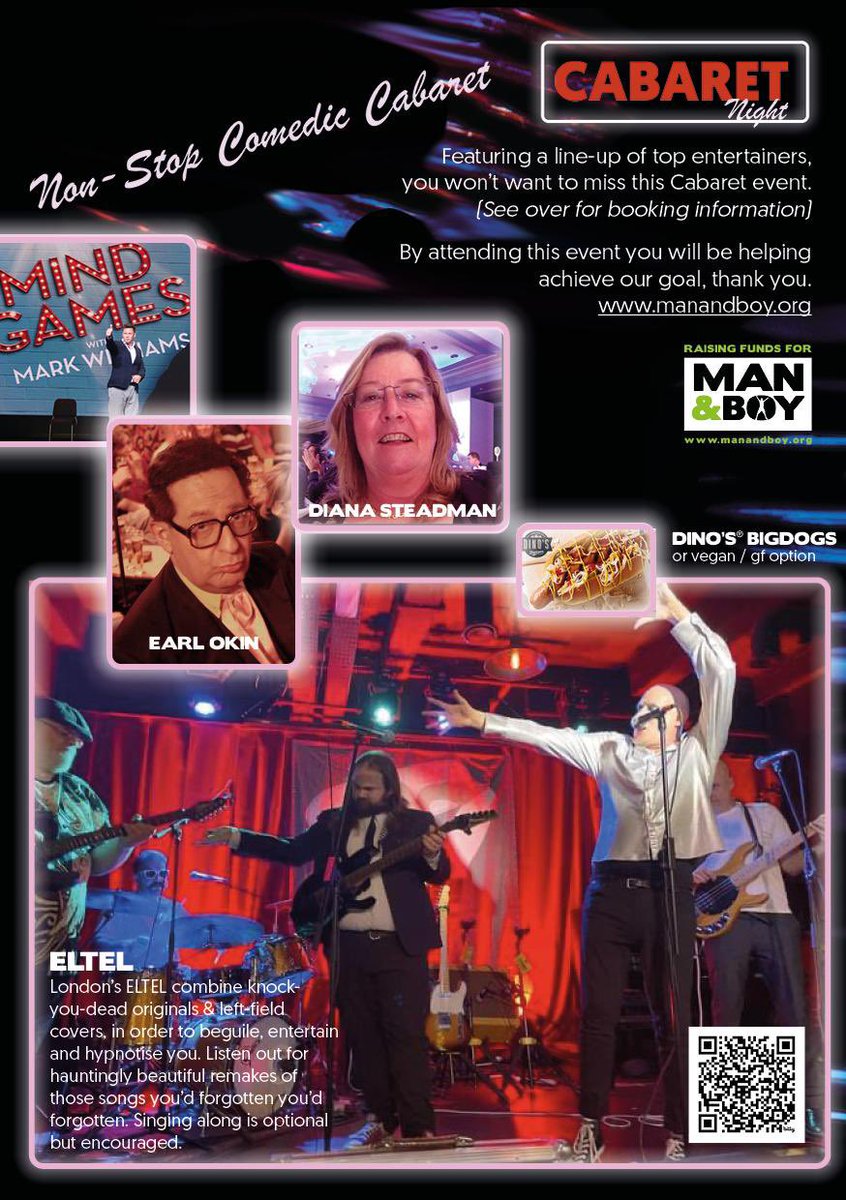 Book now! 
Non-Stop Comedic Cabaret
Saturday 8th June 2024
7.30pm doors, 8pm start
St John's Parish Hall, Grove Lane, Kingston, KT1 2ST

Top acts, Licensed bar, Raffle and Dino's BIGDOG®️ hot dogs in the interval.
In aid of <a href="/ManAndBoyUK/">MAN&BOY</a> 
bit.ly/CabaretManandB…
