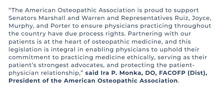 AOA joins bipartisan, and bicameral support for the Physician and Patient Safety Act to restore due process rights for physicians. bit.ly/44BXrtQ @AOAforDOs_Pres @RogerMarshallMD @EmergencyDocs @aaeminfo @DoctorJesseMD @AishaTerryMD @AmerMedicalAssn @SenWarren