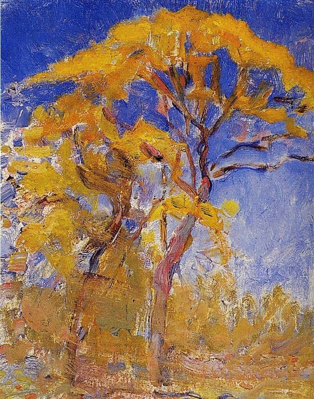 “ Reality manifests itself as constant and objective - independent of us, but as changeable in space and time...” Piet Mondrian #thoughts |•||||| Τwo Trees with orange foliage against a blue sky,c.1908 #art #landscape