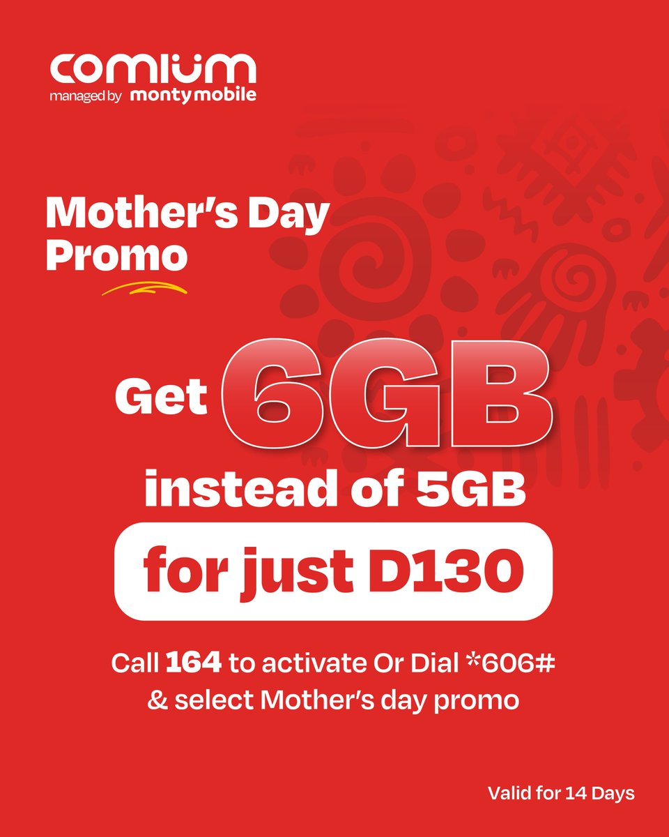 ComiumGm's tweet photo. This Mother's Day, benefit from Super Sakan offer!
For just D130, get 6GB instead of 5GB of data to stay connected with family & friends all week long. Offer valid from May 10th to May 14th only.
Dial 164 or *606# to subscribe!
#ComiumGM #MothersDay #GiftOfConnection https://t.co/FZDooK5RuG