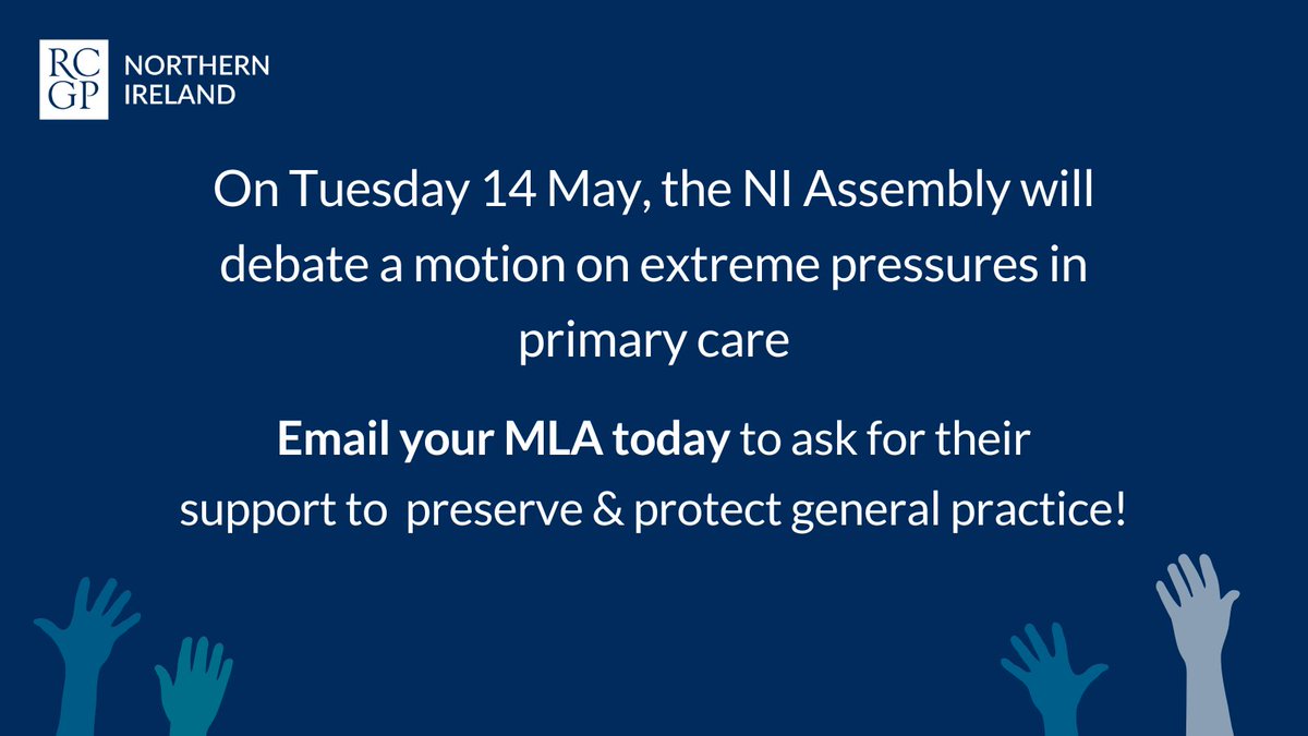 We welcome the Assembly motion by @dianedoddsmla & Alan Robinson MLA on Tues 14 May highlighting extreme pressures in primary care. GP colleagues- join our email campaign today & ask your MLAs to support general practice! rcgp.eaction.org.uk/emailyourmlagp
