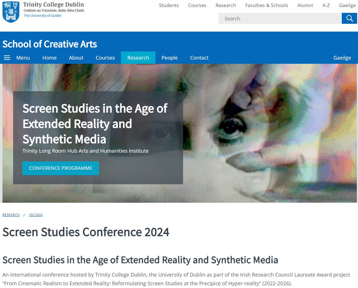 James Denis Mc Glynn (@JDMcGlynn.bsky.social) (@jdmcglynn) on Twitter photo Delighted to share the programme/registration page for our upcoming international conference “Screen Studies in the Age of XR & Synthetic Media” (<a href="/TLRHub/">Trinity Long Room Hub</a>, June 4–5; generously supported by <a href="/IrishResearch/">We are now Research Ireland</a>)
tcd.ie/creativearts/r…
Keynote by the wonderful Jenna Ng <a href="/knittedgardens/">Jenna Ng</a> Delighted to share the programme/registration page for our upcoming international conference “Screen Studies in the Age of XR & Synthetic Media” (<a href="/TLRHub/">Trinity Long Room Hub</a>, June 4–5; generously supported by <a href="/IrishResearch/">We are now Research Ireland</a>)
tcd.ie/creativearts/r…
Keynote by the wonderful Jenna Ng <a href="/knittedgardens/">Jenna Ng</a>