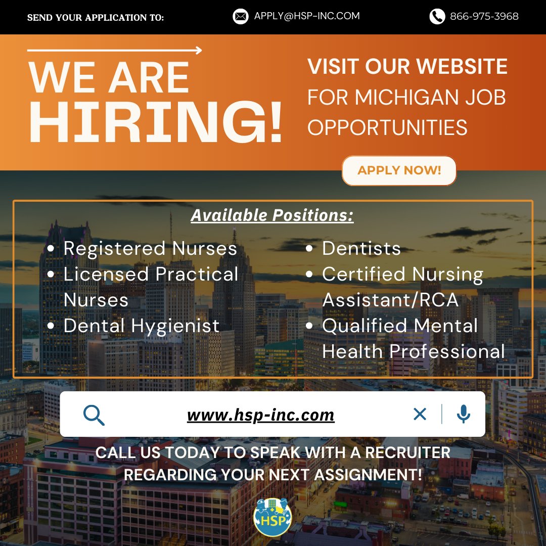We're hiring for a variety of healthcare positions! Join the team where competitive pay and benefits are just the beginning. Explore all our opportunities on our job board or give us a call at 866-975-3968 to find out more. Your future in healthcare starts with HSP! #MIJobs