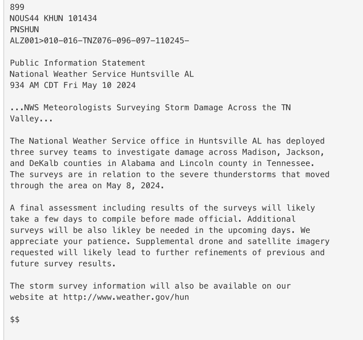 Survey teams from @NWSHuntsville have been deployed again today.  Here is their public info statement noting that retirement of previous surveys may occur through further investigation.  #alwx #hunwx #chawx