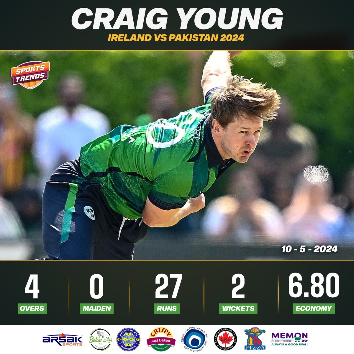 Good Bowling Figures For Craig Young Against Pakistan in First T20 International Match 🔥 #Cricket #Pakistan #PakistanCricket #IREvPAK #PAKvIRE #IREvsPAK #PAKvsIRE #BabarAzam #SaimAyub #SportsTrendsCan #SportsTrendsCanada
