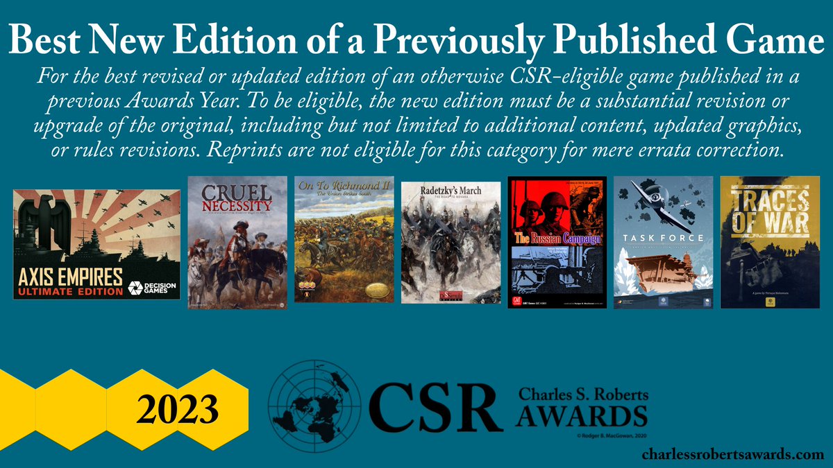 The ballot for the 2023 Charles S. Roberts Awards is open until Midnight, Eastern Time, on May 13, 2024. If you have not already voted, vote here! forms.gle/z1yFjkYpajjTME…