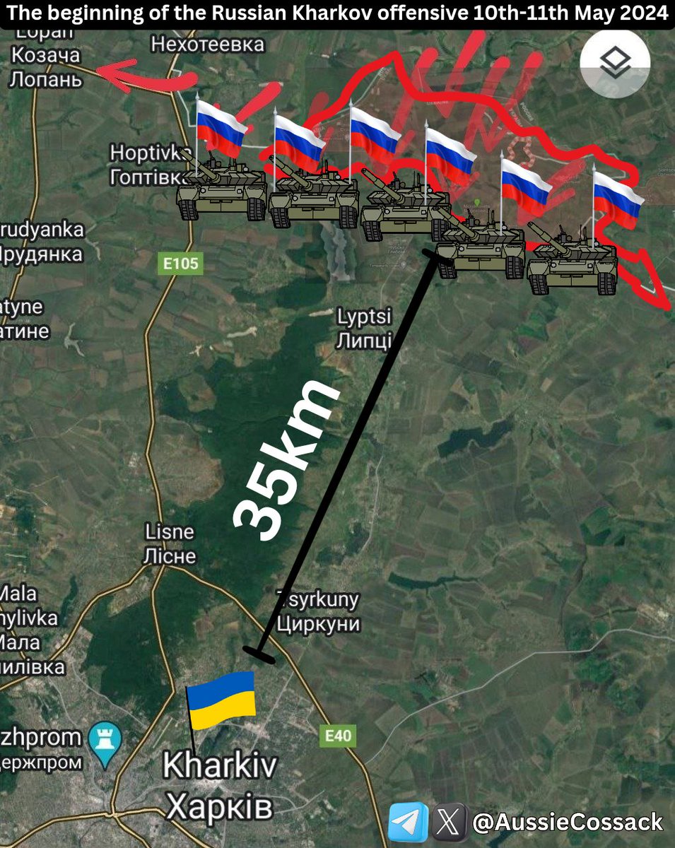 🚨🇷🇺🇺🇦URGENT: Advancing Russian forward forces are only 35km from the outskirts of Ukraine's second largest city Kharkov!