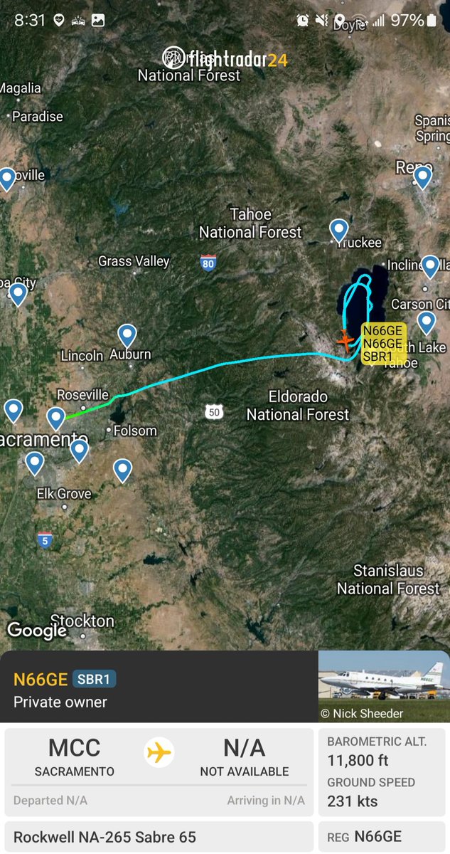Sunshine Aero Industries Rockwell Na-265-65 Sabre 65 N66GE #A8B27B departed KMCC, racetracks over Lake Tahoe at (almost) FL 120.
@norb420 @SR_Planespotter @tillykium
