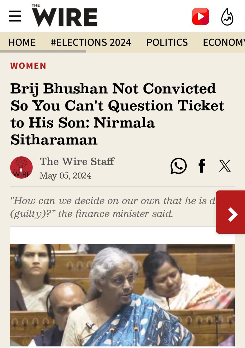 Brij Bhushan is convicted in the women wrestlers sexual harrasment case. Don't forget how Bhakts defamed the women wrestlers, not a word from WCD minister Smriti Irani and Rekha Sharma. This is what nirmala Sitharaman said ?! #BrijBhushanSharanSingh