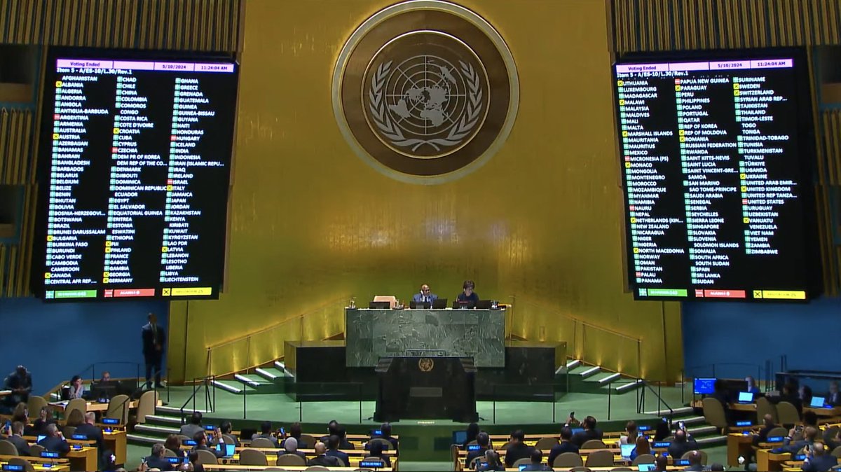 BREAKING: UN General Assembly ADOPTS resolution, recommending Security Council reconsider the matter of Palestine’s membership favourably; changing modalities for its participation in meetings #Palestine RESULT: IN FAVOR: 143 AGAINST: 9 ABSTAIN: 25