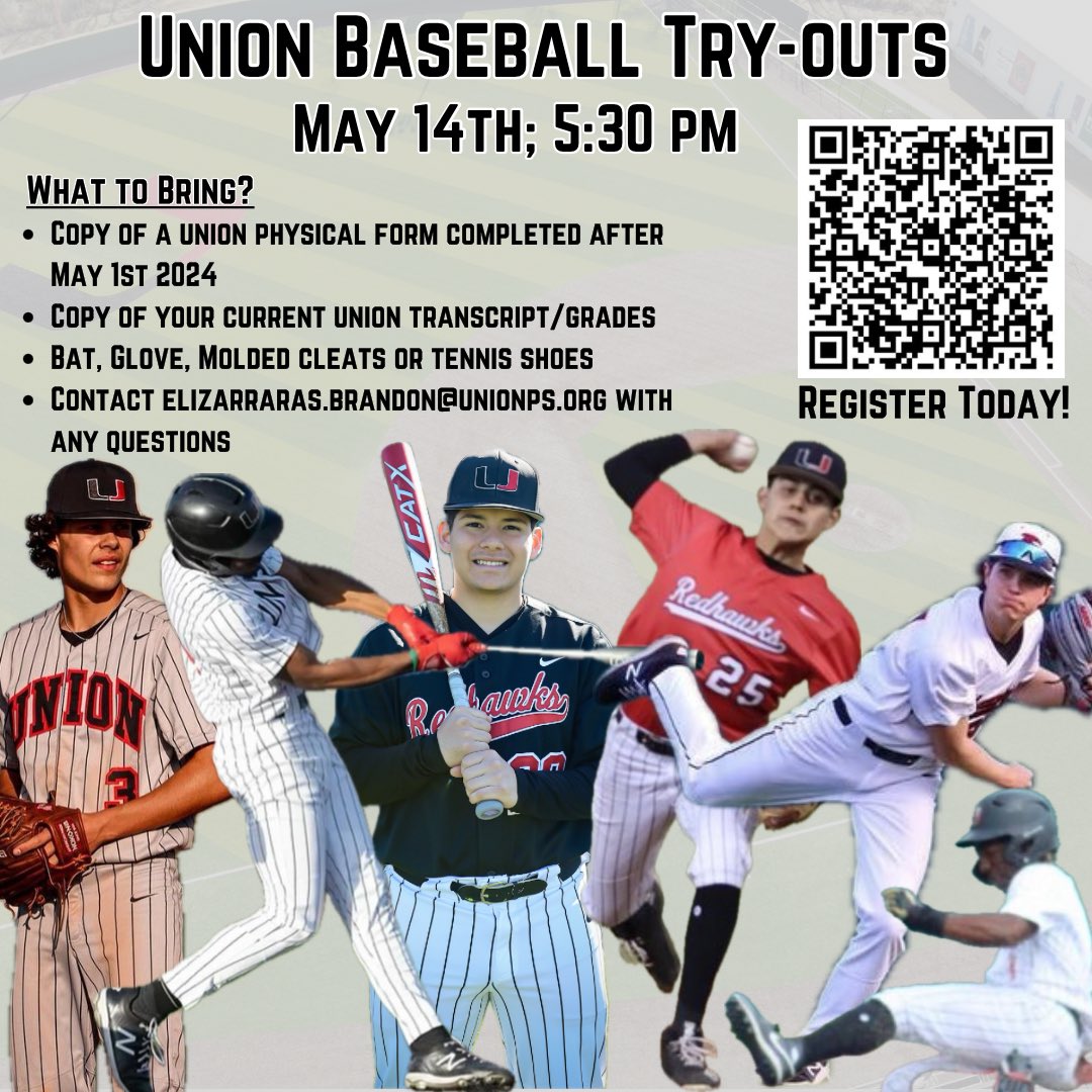 We are just days away from try outs!!! 🗓️ Tuesday, 5/14/24 ⏰ 5:30pm 📍 Union Baseball Facility (UFA) Be sure to bring a copy of your physical and copy of your grades/transcript!!! @Union_Athletics @UnionSchools