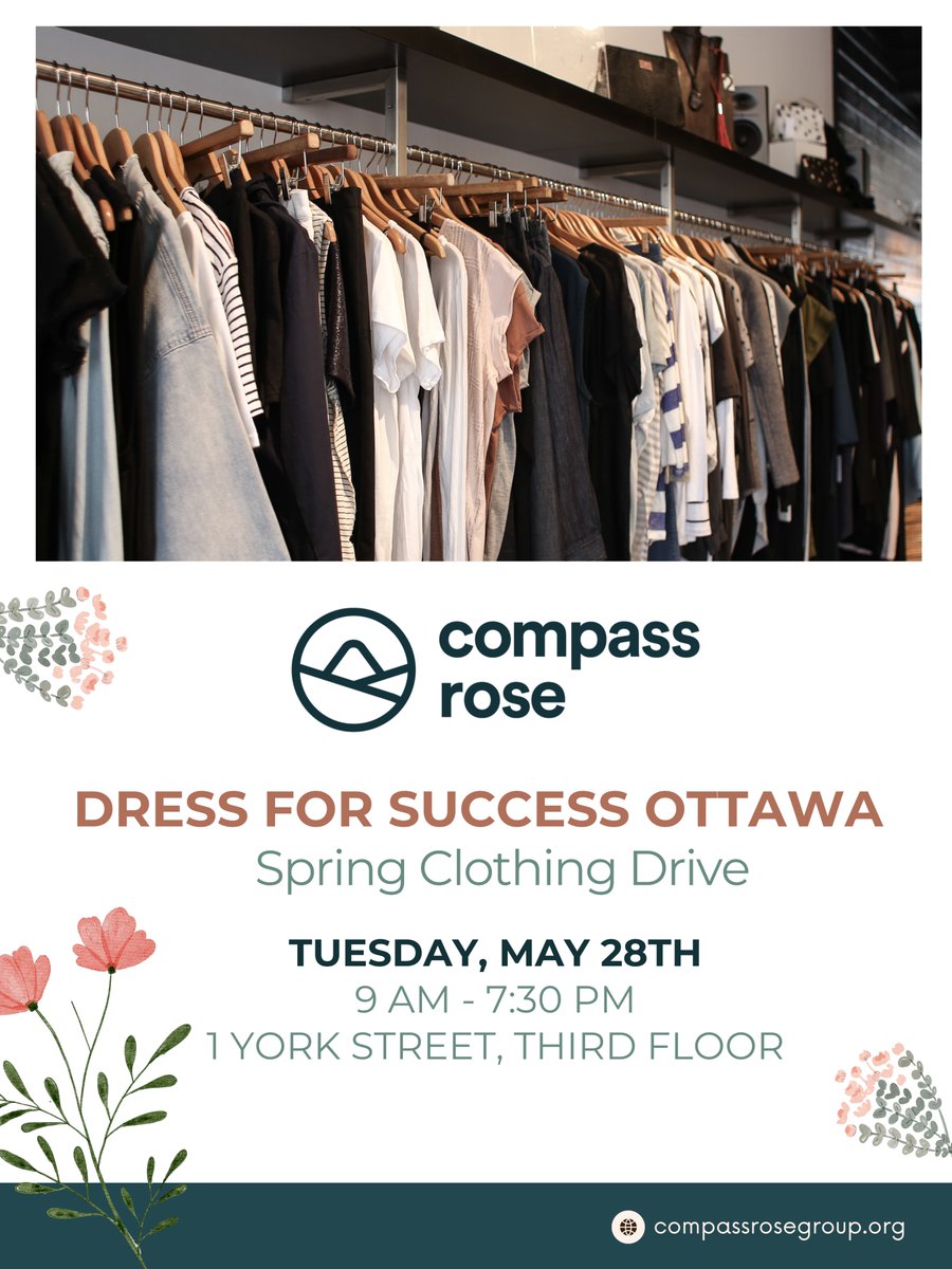 Compass Rose is excited to announce the launch of our Spring Clothing Drive in support of @DFSOttawa! Help us empower women and gender-diverse people to achieve economic independence by donating clothing and other items to help them succeed in interviews and jobs.