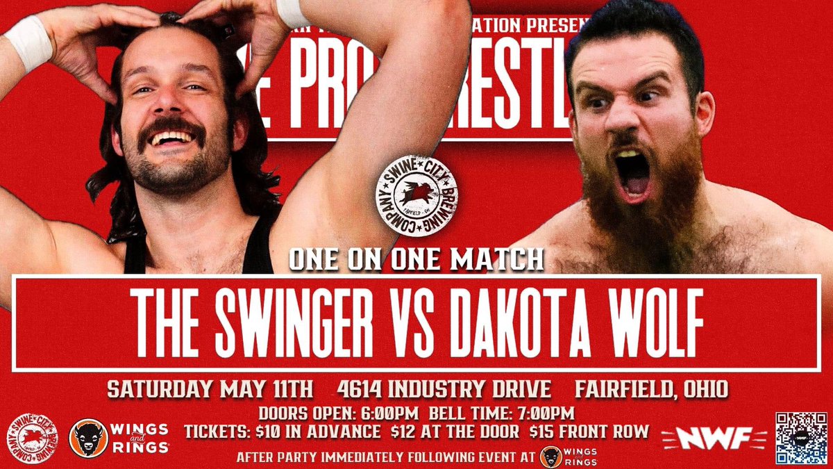 🚨MATCH ALERT!🚨 At @SwineCityBrew this Saturday night, former 2-time Tag-Team Champion, 'The Alpha' Dakota Wolf takes on former Tag-Team & Tri-State Champion, @SwingerFitz, FOR THE FIRST TIME EVER one-on-one! 🎟: nwfwrestling.com/events 🚪: 6 pm 🔔: 7 pm