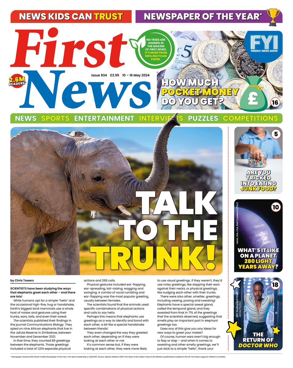 Extraordinary details from a new study about how elephants communicate in this week’s @First_News - a reminder (for those who need it) that animals are intelligent, sentient beings. @CIWF_Global @philip_ciwf @ChrisGPackham @wwf_uk @TanyaMSteele Plus pocket money falls!