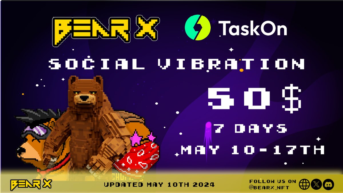 BearX_NFT's tweet photo. 🔥Ignite the BearX Spirit - Social Vibration Event🔥

💁While we are working to get back on track, we will continue to host some exciting community events. Easily participate and get rewarded with daily social tasks with your enthusiasm

⏳Duration: May 10-17th 2024
🎁Rewards: $50 for the 5 highest point rankings
📌Join now:
https://t.co/uB3FmmpDpw

🙋‍♀️Need help? Join our Discord for quick support
https://t.co/xRgnMWLqeA

#NFT #NFTs #NFTCommunity #BearX #Airdrop #blockchains #CryptoCommunity #NFTMarketplace
