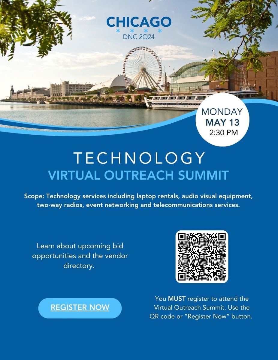 The DNC will be hosting a virtual outreach session next Monday, May 13th at 2:30 PM to discuss the next round of bids. The summit will focus on upcoming bid opportunities and requirements for technology services at convention venues. 

Register today ➡️ us06web.zoom.us/webinar/regist…
