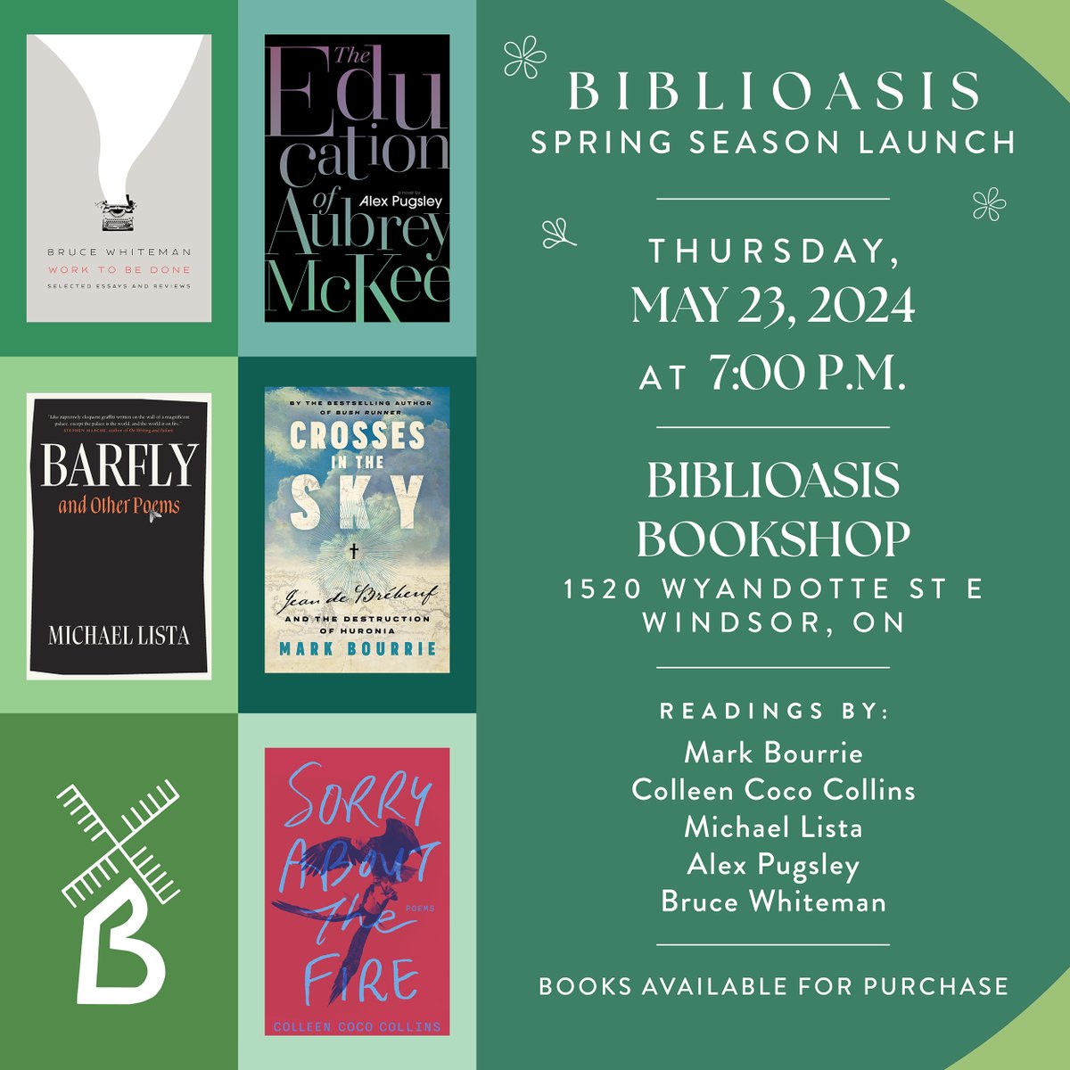 The Biblioasis Spring launches are fast approaching! Toronto Launch: Wednesday, March 22nd at @supermkttoronto Windsor Launch: Thursday, March 23rd at @BibBookshop Come out to meet Bruce Whiteman, @Alex__Pugsley, @michaellista, @MarkBourrie, and Colleen Coco Collins!