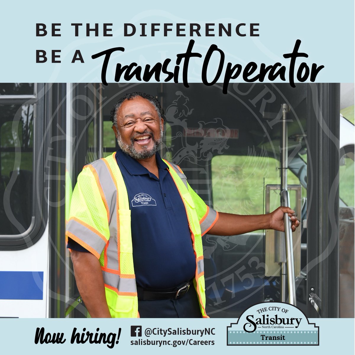 The City of Salisbury is looking for dedicated individuals to join #TeamSalisbury as a transit operator! For more information or to apply, visit: salisburync.gov/careers. #BeTheDifference