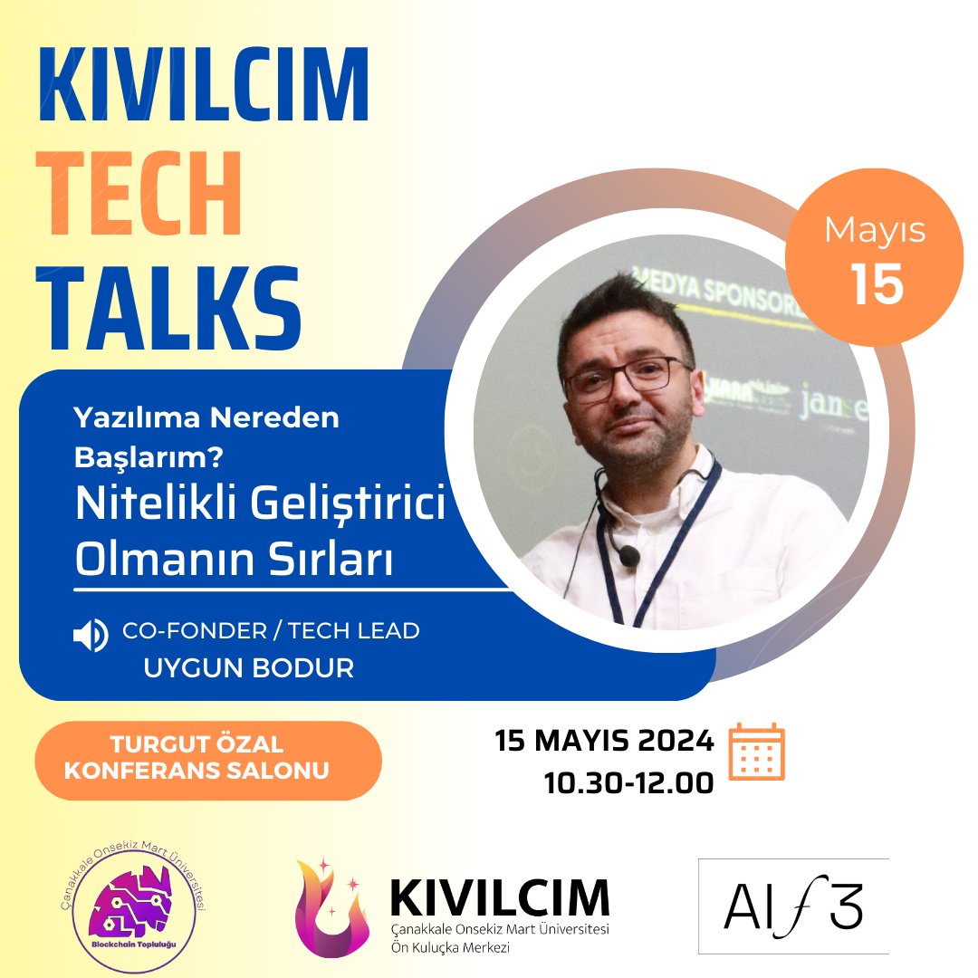 15 Mayıs 2024, 10.30-12.00 arası #TechTalks etkinliğimize davetlisiniz 🔥! Deneyimli geliştirici Uygun Bodur, yazılım dünyasına adım atmanın ve başarılı olmanın sırlarını paylaşacak. 🌟💻 #YazılımGeliştirme #Teknoloji