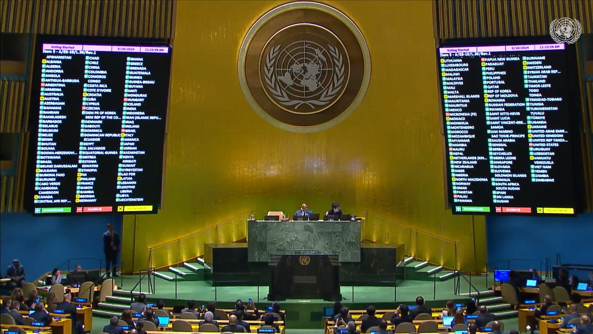 Just now, UN General Assembly has adopted a resolution determining that the State of #Palestine is qualified for membership in the United Nations in accordance with Article 4 of the UN Charter and should therefore be admitted to membership in the United Nations. #FreePalestine