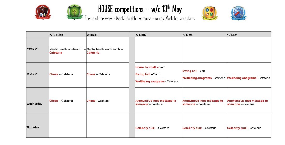 As part of Mental Health awareness month our Musk house captains have planned a fantastic week of house activities. Get involved at break and lunch times next week! 🔴🟢🟡🔵