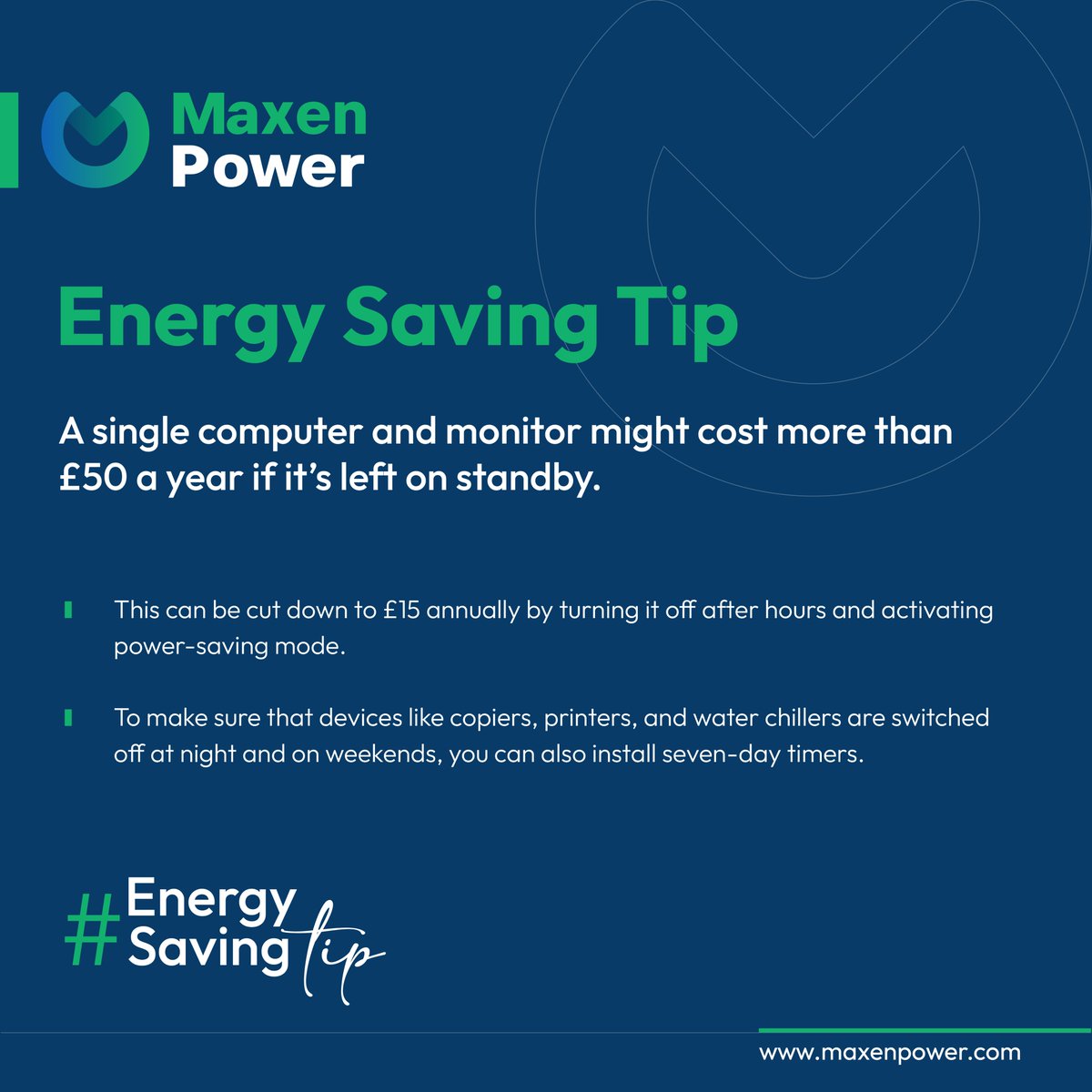 Reduce your carbon footprint and save money with this simple tip: switch off your office equipment when it's not in use.

#MaxenPower #EnergisingBusinesses #EnergySavingTips