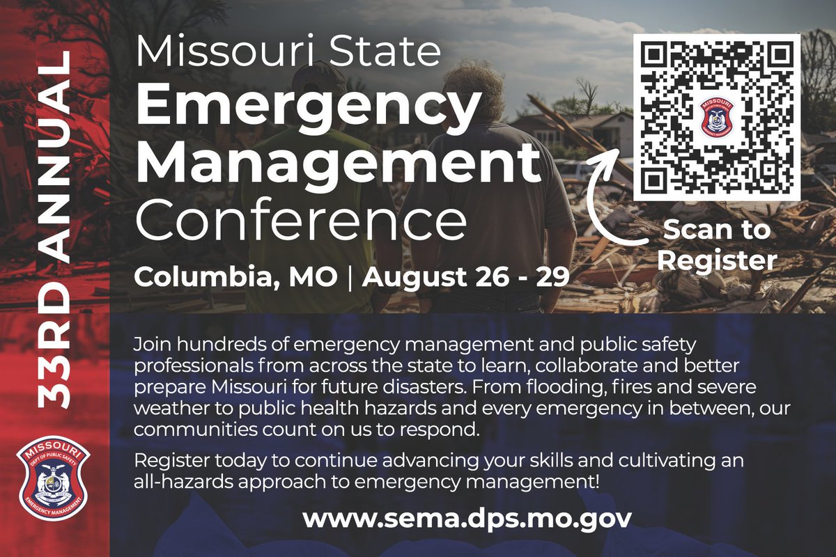 📢 Please share! Registration is OPEN for the 33rd Annual @MoSEMA_ Conference August 26 - 29, 2024. Join hundreds of emergency management & public safety professionals from across the state to network, learn & collaborate. Early bird rate ends July 15! 🔗sema.dps.mo.gov/events/confere…