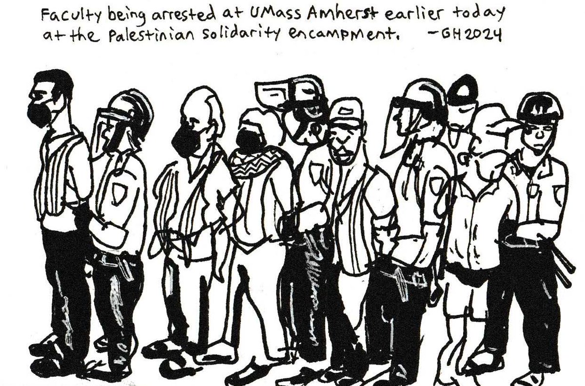 “We screamed and begged for the cops not to touch our students, but we were ignored.” Sharing the UMass Faculty for Justice in Palestine's press release on the May 7th arrests, along with art by @GadzooksB: massreview.org/node/11941