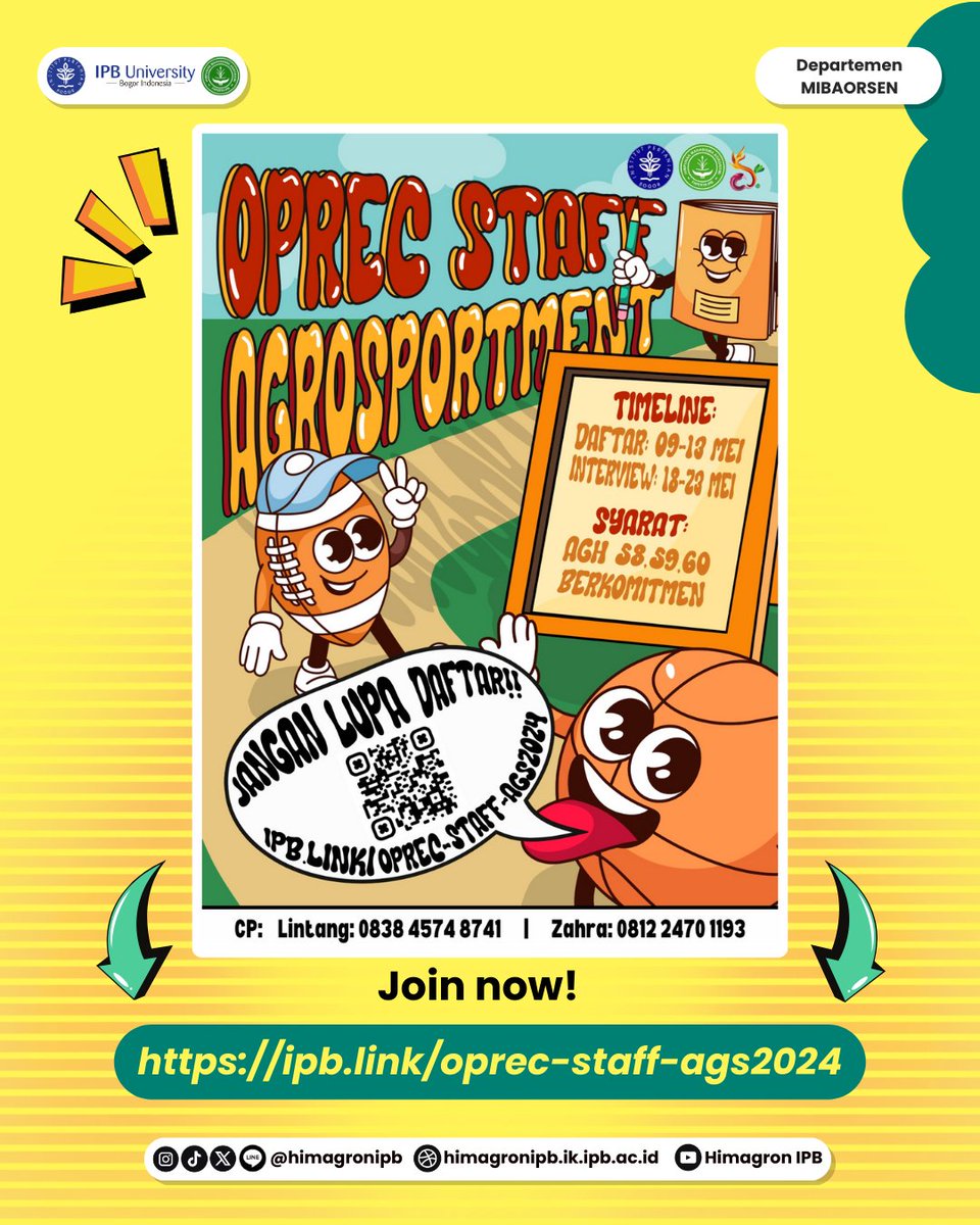 [𝐎𝐏𝐄𝐍 𝐑𝐄𝐂𝐑𝐔𝐈𝐓𝐌𝐄𝐍𝐓 𝐒𝐓𝐀𝐅𝐅 Link pendaftaran dapat diakses pada :

ipb.link/oprec-staff-ag…

07/D/09/05
DEPARTEMEN MIBAORSEN
KABINET GAVALIS
[HIMAGRON 2023/2024]