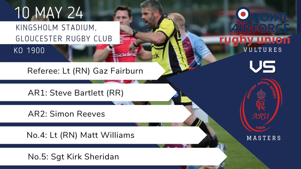 Tonight sees the start of the <a href="/RNRURS/">Royal Navy Rugby Union Referees Society</a> involvement with inter service championship rugby, with the first of 3 games played at <a href="/gloucesterrugby/">Gloucester Rugby 🍒</a> over the next 2 days.

Good luck to this evenings Team of 5.

<a href="/RNRugby/">Royal Navy Rugby</a>