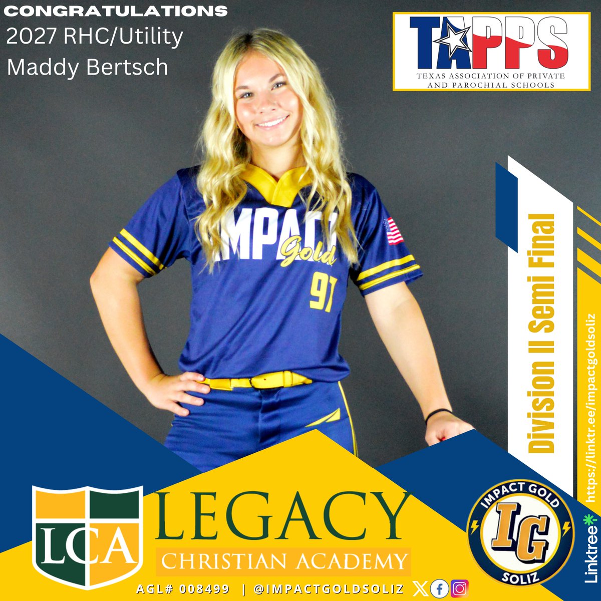 Congratulations to 2027 RHC/Utility Maddy Bertsch @MaddyBertsch27 and her Legacy Christian Academy HS for making the 2024 @TAPPSbiz State Tournament! She is the first of our Fantastic 9 that made playoffs to punch their 🎟️ #BeTheImpact #TrustTheProcess #GOLDBlooded